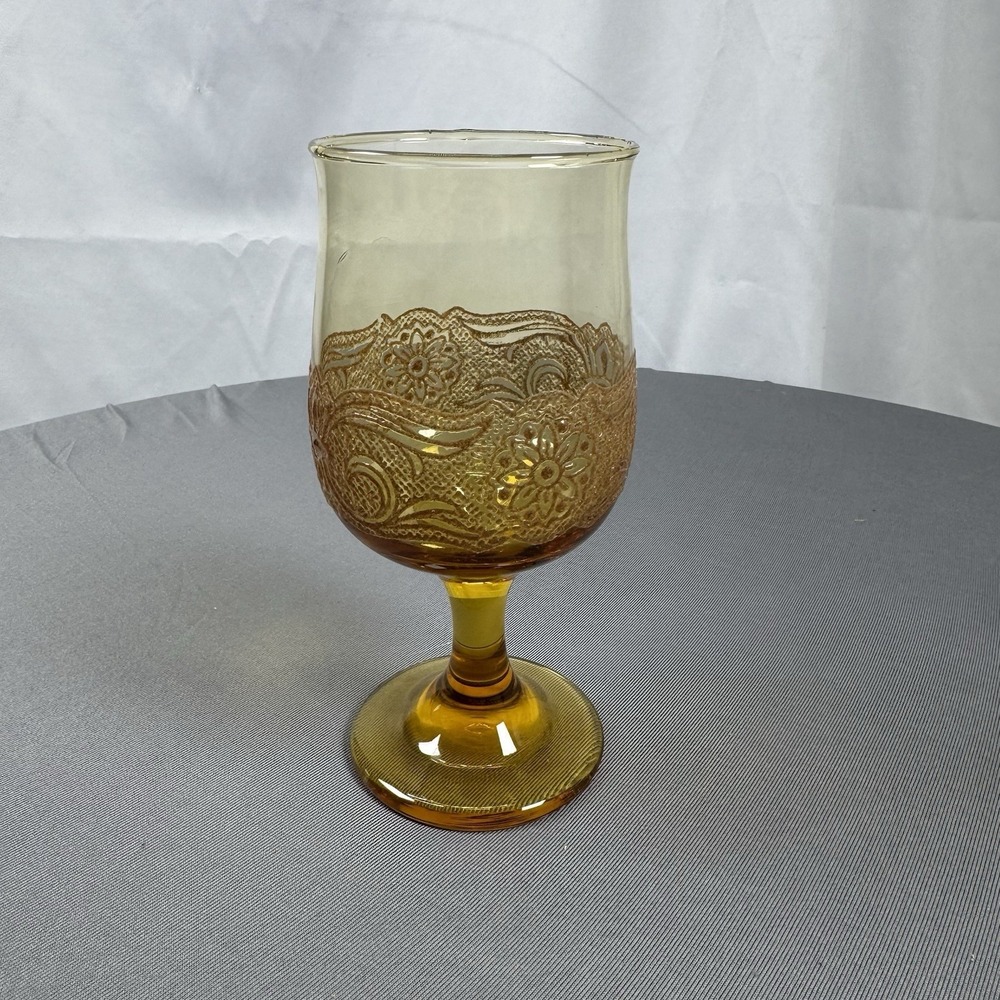 Vintage Libbey Floral Amber Glass Embossed Water‎ Goblet  Boho
